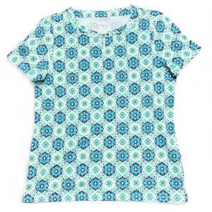 Talbots Womens Snaffle Tee SS Breezy Tile Print Short Sleeve Blue Green $39 MSRP